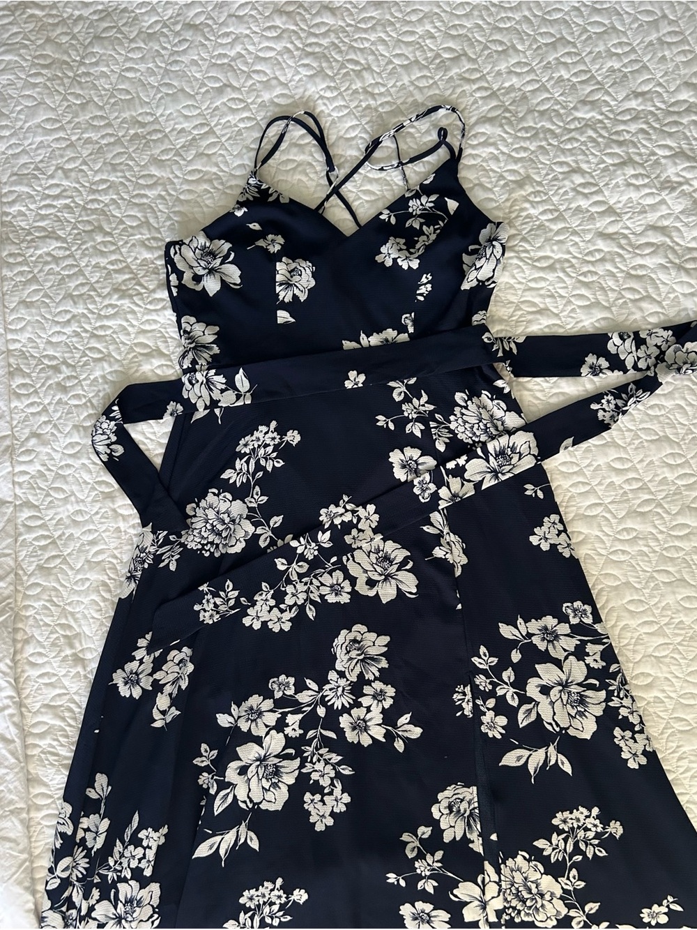Premier Navy Floral Wrap Midi Dress with White Bloom Print